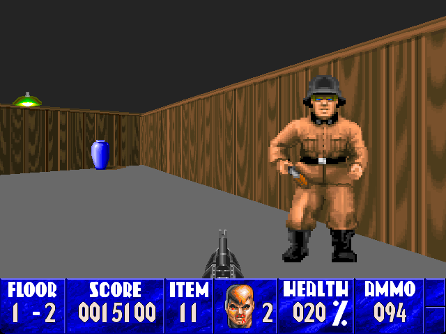 Wolfenstein 3D (Macintosh) screenshot: Got too close to a guard.