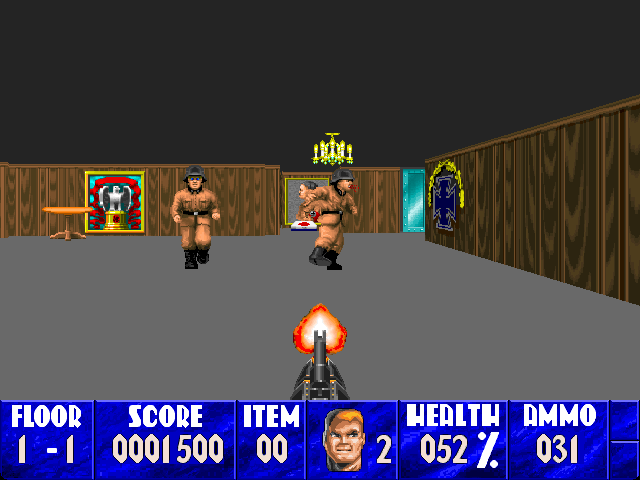 Wolfenstein 3D (Macintosh) screenshot: Taking on two guards with the MP-40.