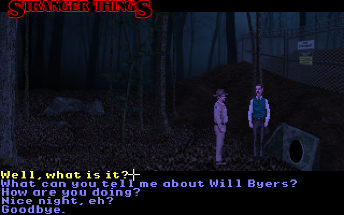 Stranger Things: Chapter One - The Search for Will Byers (Windows) screenshot: Choosing the dialog options while talkign with Mr. Clarke