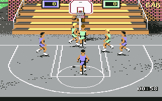 The Dream Team: 3 on 3 Challenge (Commodore 64) screenshot: Playing 3 on 3 in an outdoor court.