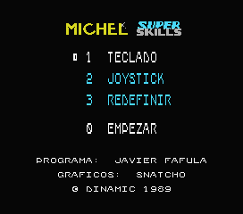 Michel Futbol Master + Super Skills (MSX) screenshot: Main menu for "Michel Super Skills"