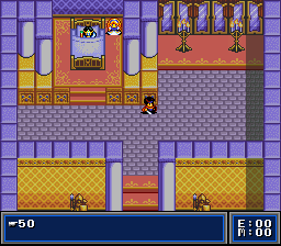 First Queen: Ornic Senki (SNES) screenshot: The hero begins in king's bedroom. Looks like the stupid king is sleeping :)