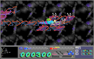 PC-Bakterien! (DOS) screenshot: Create helper cells by dropping spores into the volcano.