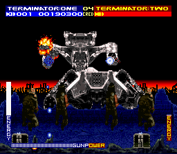 Terminator 2: Judgment Day (SNES) screenshot: Fighting the HK Tank boss at the end of the first level.