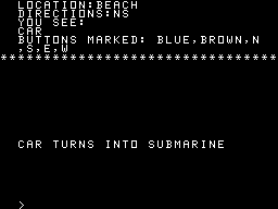 007: Aqua Base (TI-99/4A) screenshot: Car turns into submarine