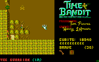 Time Bandit (DOS) screenshot: Shooting our way through to a message scroll.