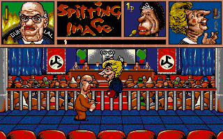 Spitting Image: The Computer Game (Amiga) screenshot: Adolf Botha vs Mrs T.