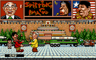 Spitting Image: The Computer Game (Amiga) screenshot: Groovy Gorbi vs Ronald MacReagan