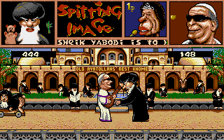Spitting Image: The Computer Game (Amiga) screenshot: His holy coolness vs Mr & Mr Ayatollah