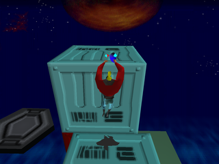 Blasto (PlayStation) screenshot: Climbing the stacked crates.