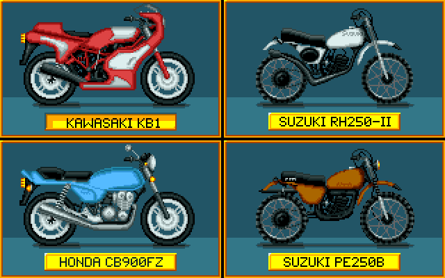 1000cc Turbo (Amiga) screenshot: Moto Select
