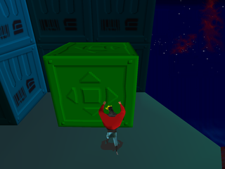 Blasto (PlayStation) screenshot: Pushing the green crate.