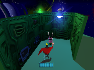 Blasto (PlayStation) screenshot: Blasting an alien.