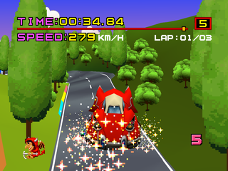 Motor Toon Grand Prix (PlayStation) screenshot: Jumping and collecting a power-up.