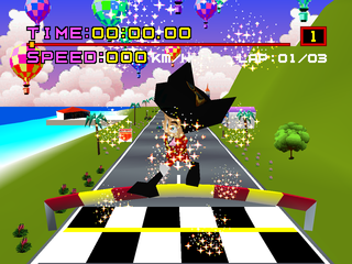 Motor Toon Grand Prix (PlayStation) screenshot: Captain Rock falling towards his car, at the start of the race.