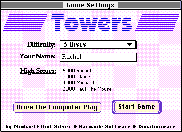 Towers (Macintosh) screenshot: Opening screen. You can enter your name or choose a difficulty.