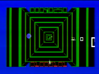 Tron: Solar Sailer (Intellivision) screenshot: Intro attacking MCP trying to block transmit 1's & 0's to overload MCP