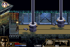 Terminator 3: Rise of the Machines (Game Boy Advance) screenshot: Some platform challenges. Mind the pistons.
