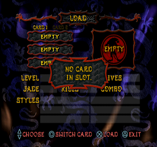 T'ai Fu: Wrath of the Tiger (PlayStation) screenshot: Load game. Empty.