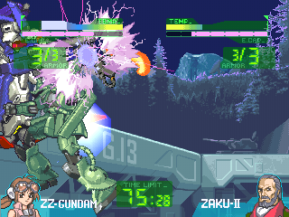 Gundam: The Battle Master (PlayStation) screenshot: Zaku II is being hit.