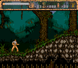 No Escape (SNES) screenshot: Start of the first level. You are constantly chased by locals who want to club you to death.
