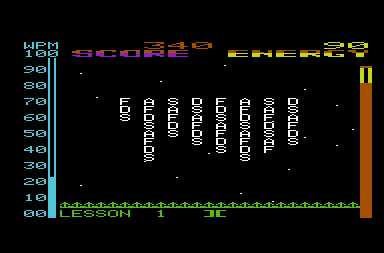 Type Attack (VIC-20) screenshot: The letters are nearing the bottom of the screen...hurry!
