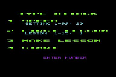 Type Attack (VIC-20) screenshot: The main menu