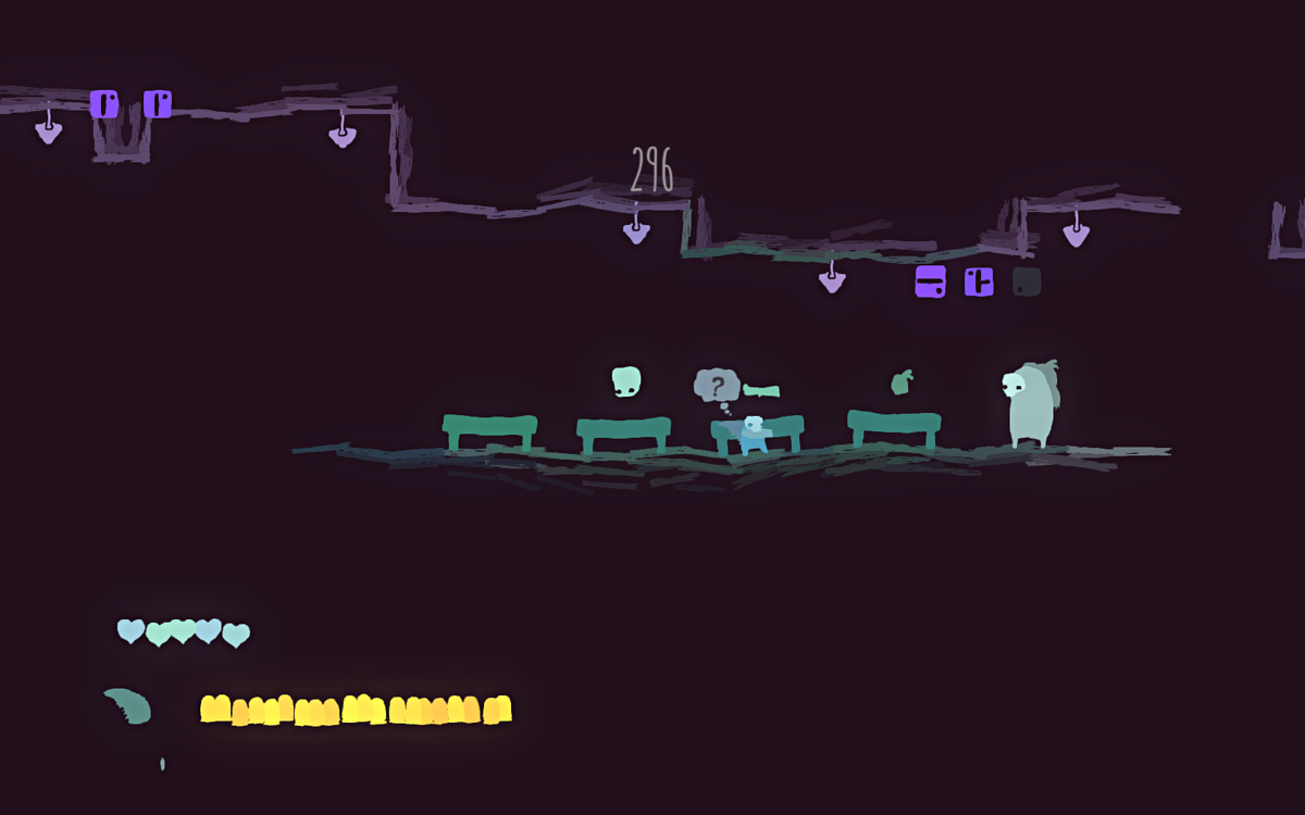 GoNNER (Windows) screenshot: A shop where you can exchange runes for heads, weapons and items.