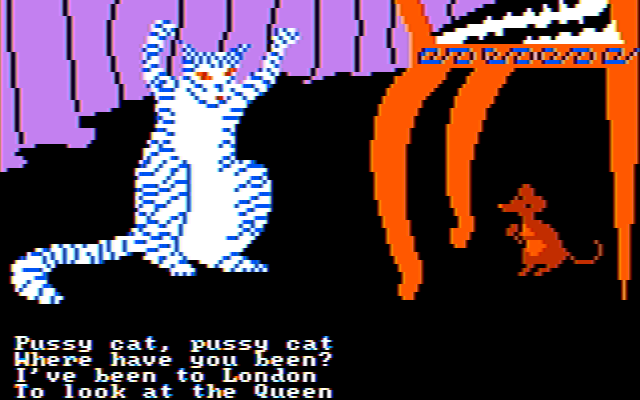 Hey Diddle Diddle (DOS) screenshot: Pussycat strikes a story-telling pose (CGA, composite)