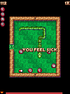 Alpha Snake (J2ME) screenshot: Eating the wrong letter makes the snake sick and he has to find a pill to eat