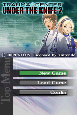 Trauma Center: Under the Knife 2 (Nintendo DS) screenshot: Title screen with main menu.