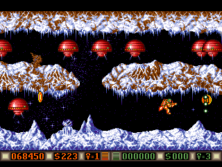 Blood Money (Amiga) screenshot: Planet 3, try to shoot both waves of aliens