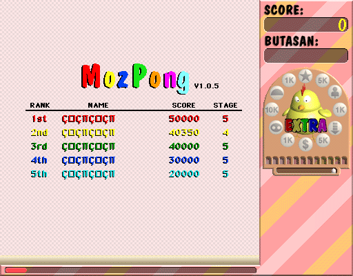 MozPong (Macintosh) screenshot: The title and high score screen. It looks weird if you don't have Japanese fonts installed.