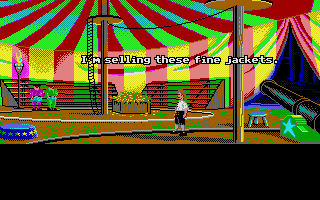 The Secret of Monkey Island (Atari ST) screenshot: The immortal line - "I'm selling these fine leather jackets!"