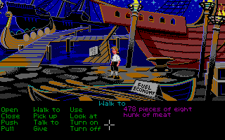 The Secret of Monkey Island (Atari ST) screenshot: Checking out the ships at Stan's.