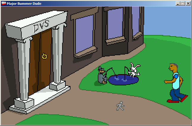 Major Bummer Dude: Lassi Quest RON (Windows) screenshot: In front of DVS mansion with Sam and Max gnomes
