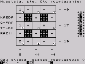 Algebraf: Krzyżówka Liczbowa (ZX Spectrum) screenshot: Wrong answer