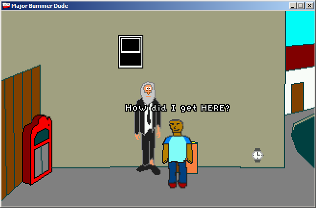 Major Bummer Dude: Lassi Quest RON (Windows) screenshot: Lassi has started near the alley bum