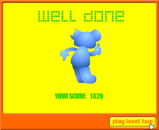 Bandit Bites (Browser) screenshot: Celebrate your completion of level one with a little booty shaking