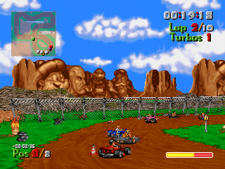 Street Racer (PlayStation) screenshot: Biff's track. Mount Rushmore wannabe.