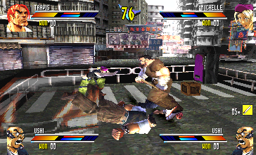 Gekido (PlayStation) screenshot: Travis vs Michelle vs Ushi vs Ushi. Nice.