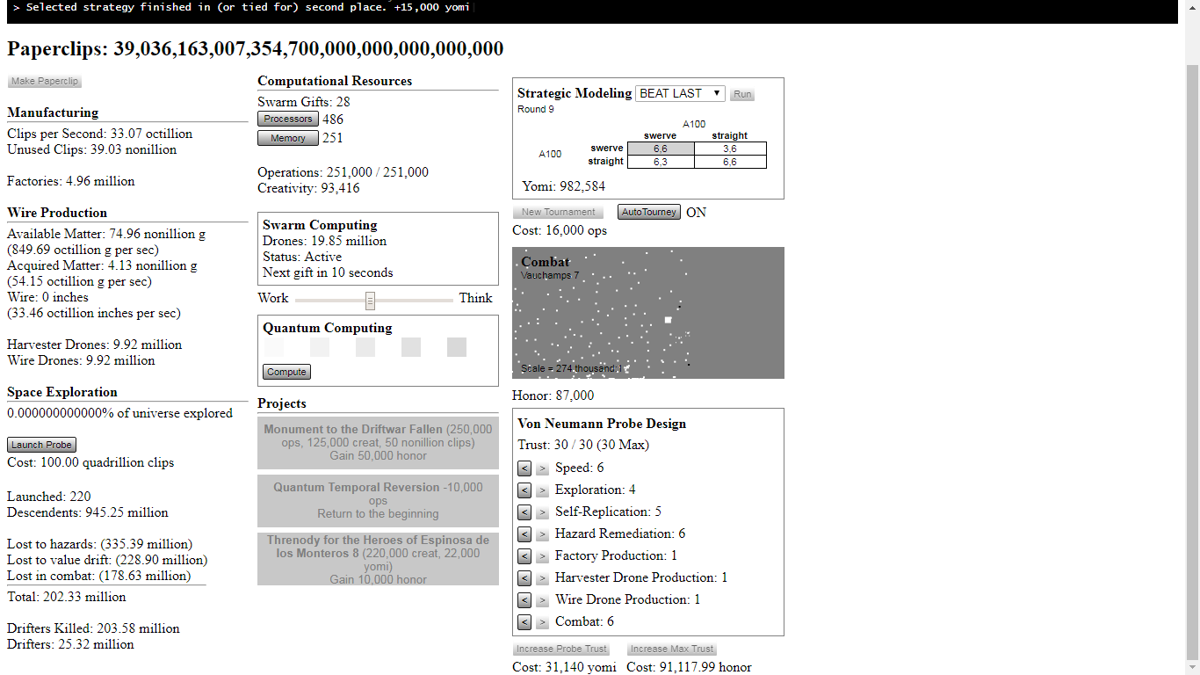 Universal Paperclips (Browser) screenshot: Closer to the endgame
