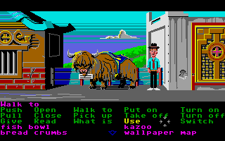 Zak McKracken and the Alien Mindbenders (Atari ST) screenshot: Zak and a yak in Nepal.