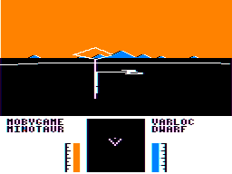 Varloc (TRS-80 CoCo) screenshot: Minotaur battling a dwarf