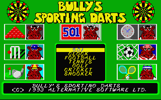 Bully's Sporting Darts (Atari ST) screenshot: Title screen and main menu