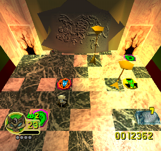 Rat Attack! (PlayStation) screenshot: Theme: Museum. Level: Fossil Frolics. The rat population has started to mutate and change color... that's boring.