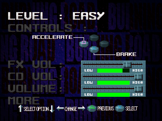 Burning Road (PlayStation) screenshot: Options menu