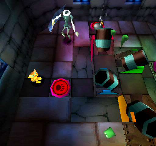 Rat Attack! (PlayStation) screenshot: Against Ghostly Ghoulies. "Press the switches to fire cannonballs at the ghost."
