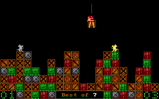 RATillery (DOS) screenshot: The hanging crate foils the computer's plans (Tandy)
