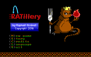 RATillery (DOS) screenshot: Title screen and main menu (Tandy)